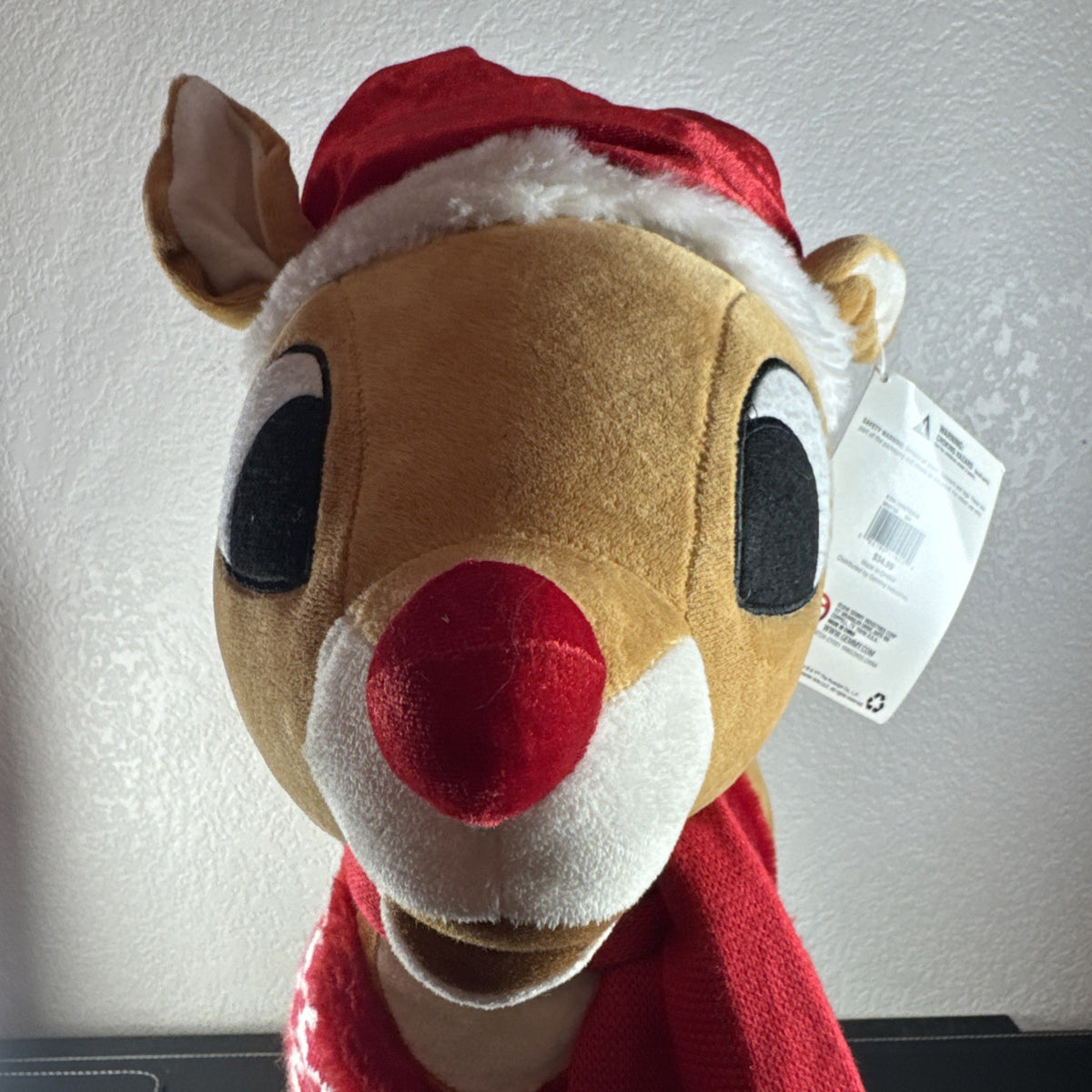 NWT 2016 Gemmy 22-inch Rudolph the Red-Nosed Reindeer standing plush door greeter wearing a houndstooth sweater.