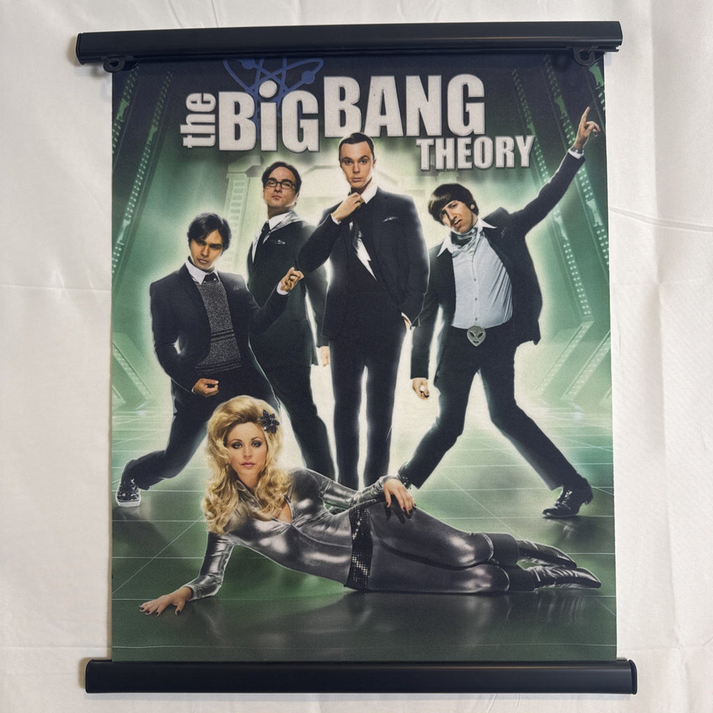 Official The Big Bang Theory retro sci-fi promo fabric wall scroll poster featuring original core cast, 21x15 inches.