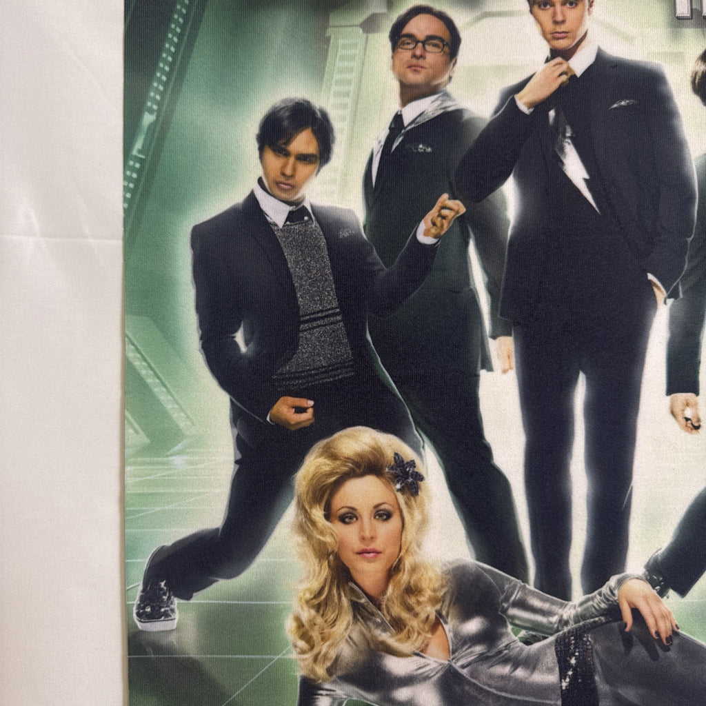 Official The Big Bang Theory retro sci-fi promo fabric wall scroll poster featuring original core cast, 21x15 inches.