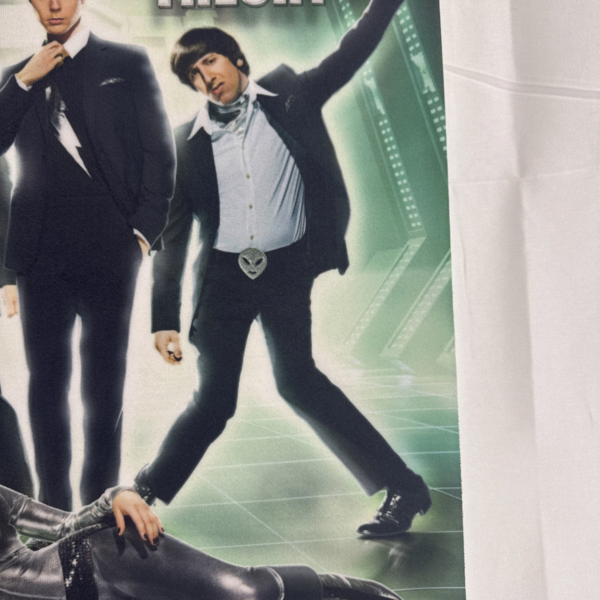 Official The Big Bang Theory retro sci-fi promo fabric wall scroll poster featuring original core cast, 21x15 inches.
