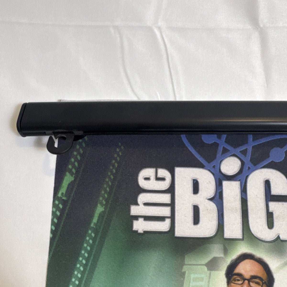 Official The Big Bang Theory retro sci-fi promo fabric wall scroll poster featuring original core cast, 21x15 inches.