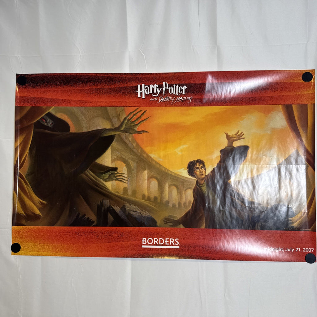 Original 2007 Harry Potter Deathly Hallows Borders bookstore midnight release poster featuring Mary GrandPré artwork, 22x36