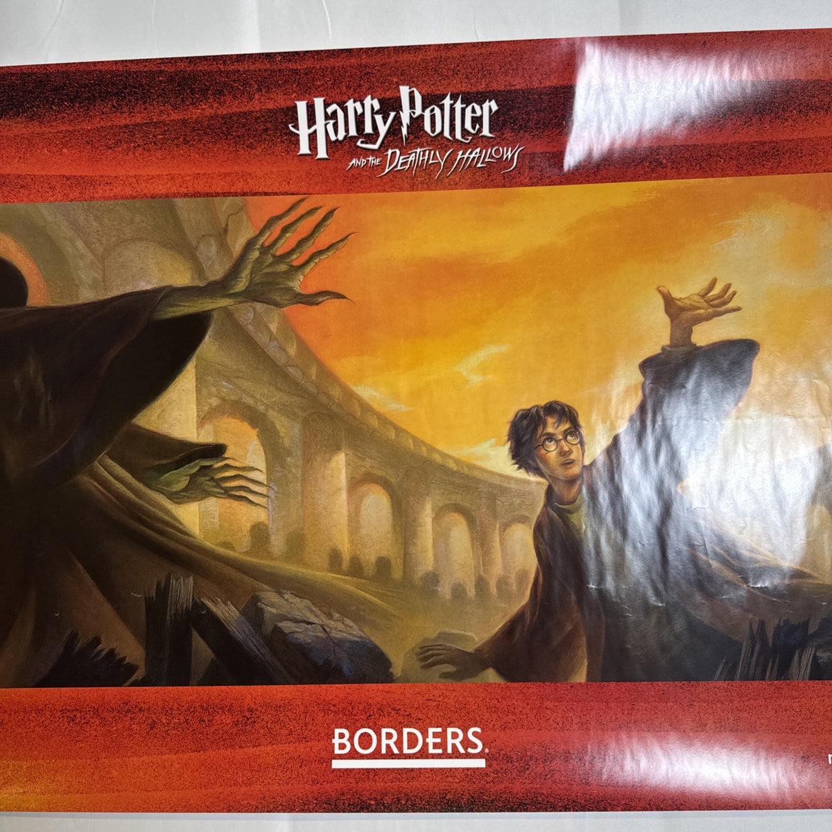 Original 2007 Harry Potter Deathly Hallows Borders bookstore midnight release poster featuring Mary GrandPré artwork, 22x36