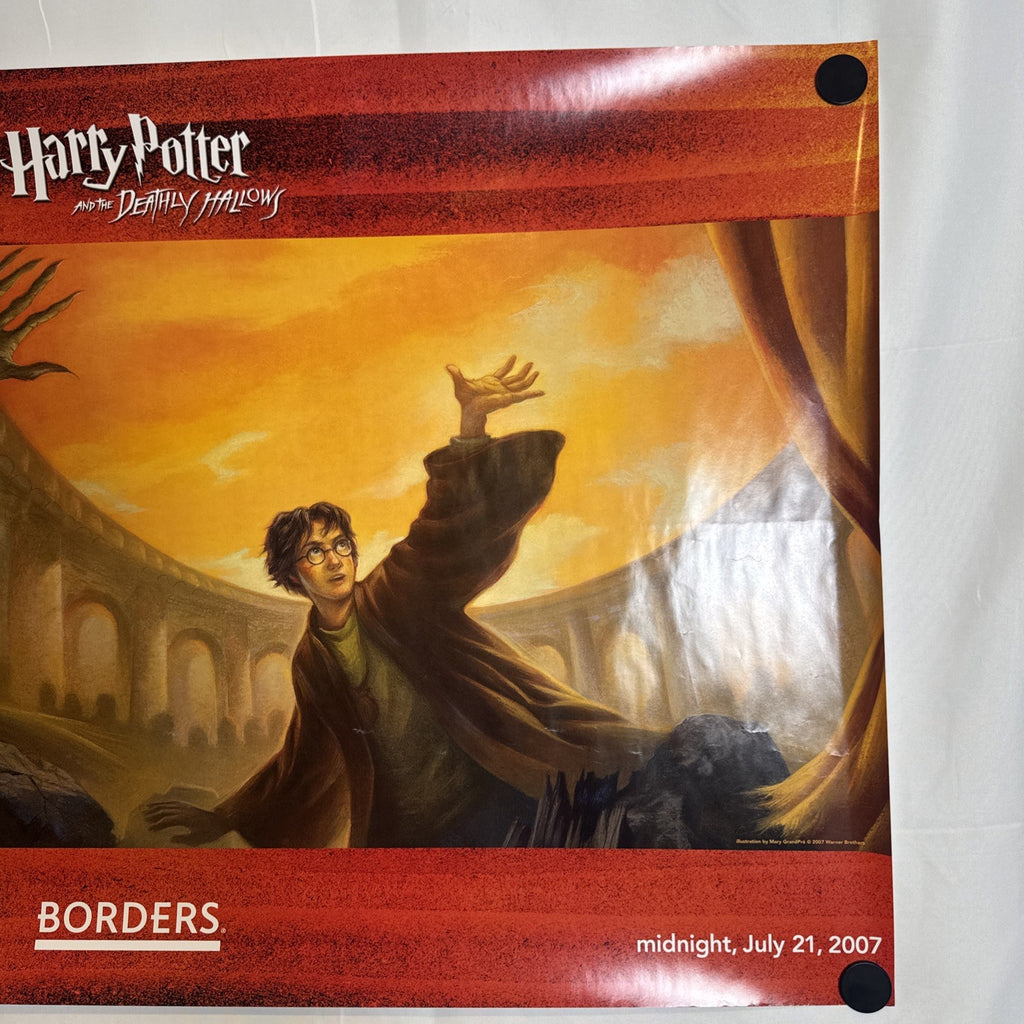 Original 2007 Harry Potter Deathly Hallows Borders bookstore midnight release poster featuring Mary GrandPré artwork, 22x36