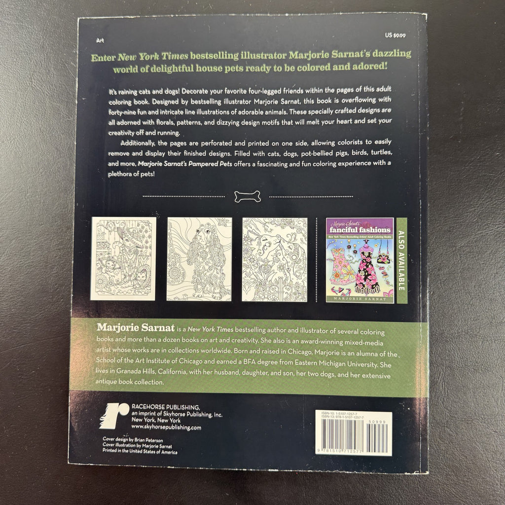 Cover of Marjorie Sarnat's Pampered Pets paperback adult coloring book featuring detailed animal illustrations.