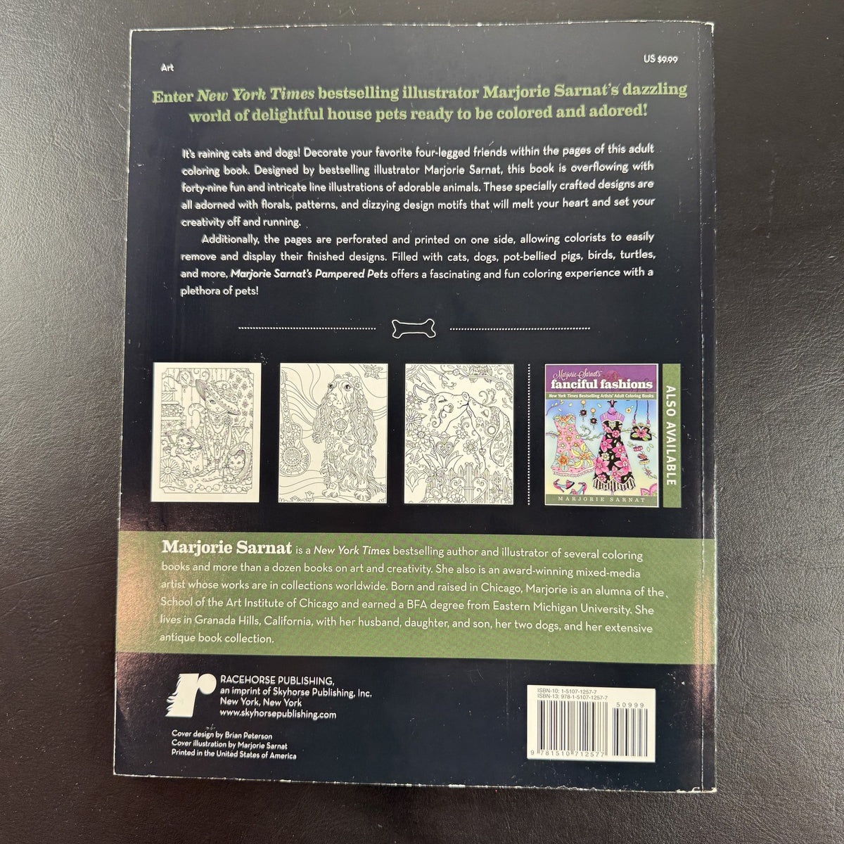 Cover of Marjorie Sarnat's Pampered Pets paperback adult coloring book featuring detailed animal illustrations.