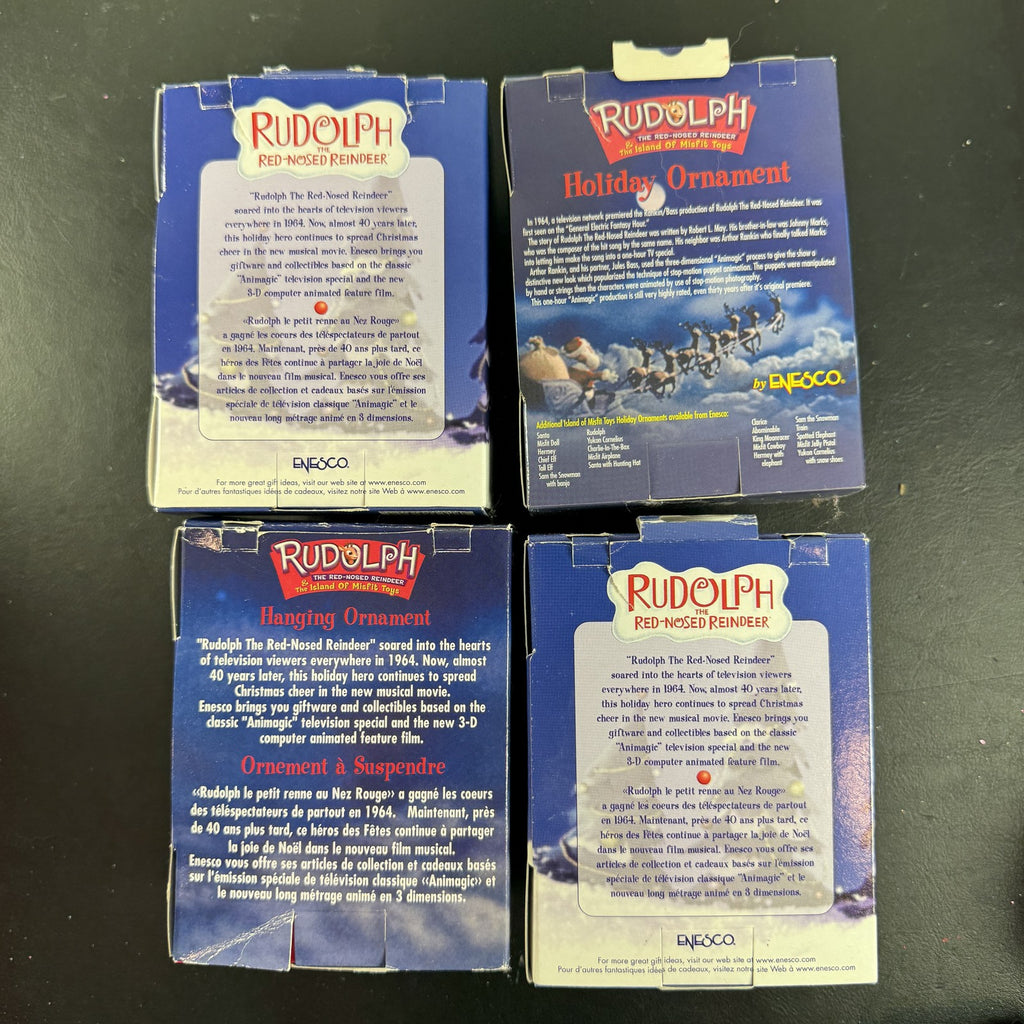 Enesco 2000 Rudolph the Red-Nosed Reindeer set of four Christmas ornaments in original display boxes.