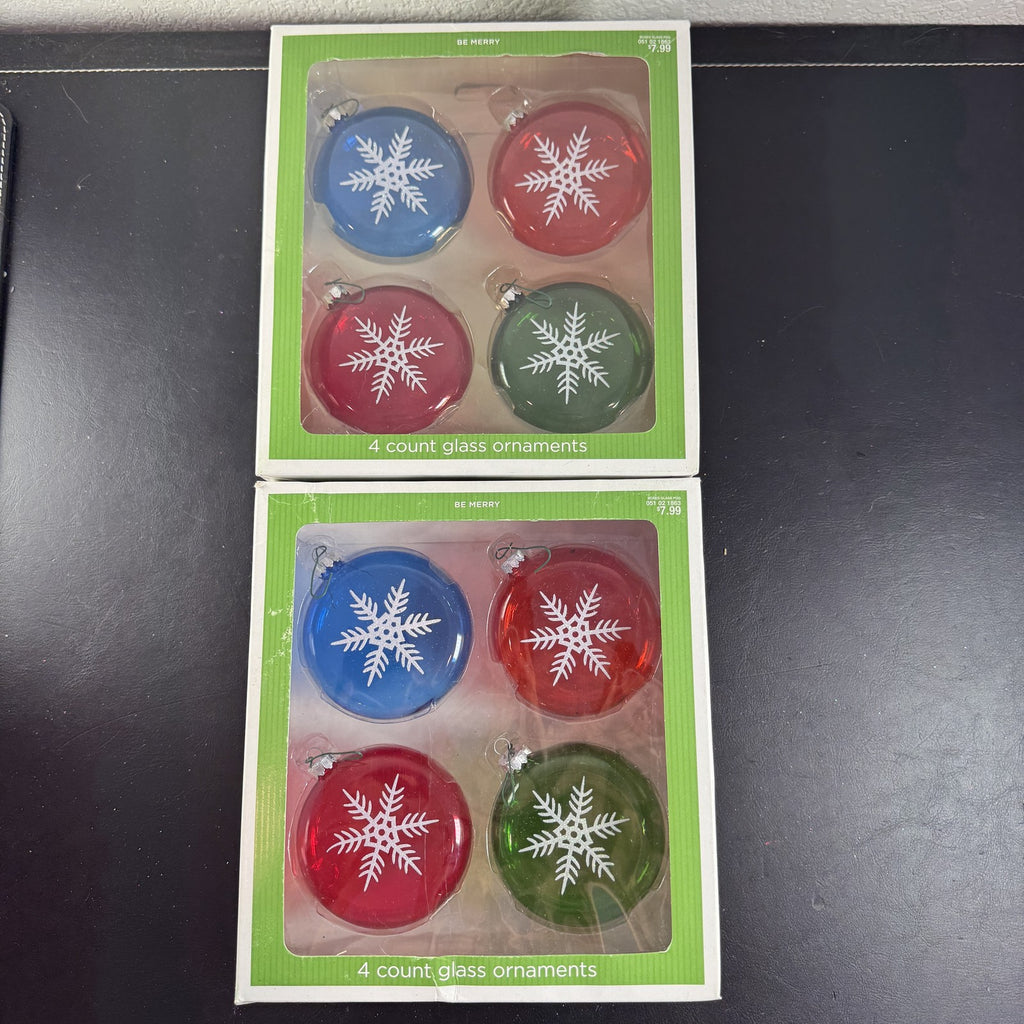 Set of 8 Target Be Merry 2008 glass snowflake Christmas ornaments in red, green, and blue original retail packaging.