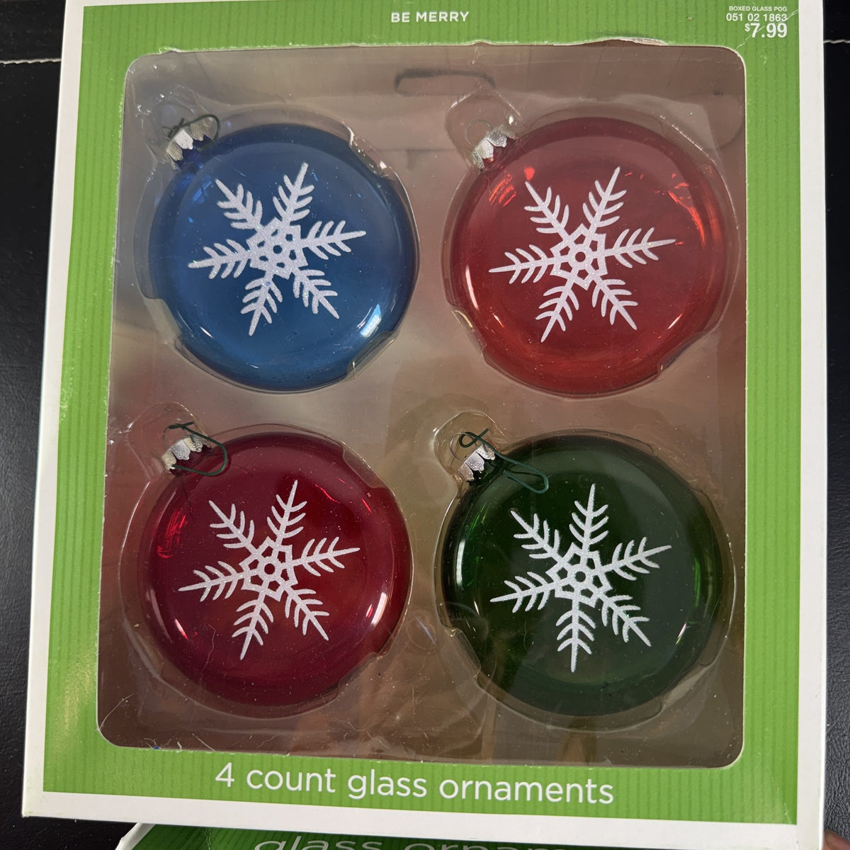 Set of 8 Target Be Merry 2008 glass snowflake Christmas ornaments in red, green, and blue original retail packaging.