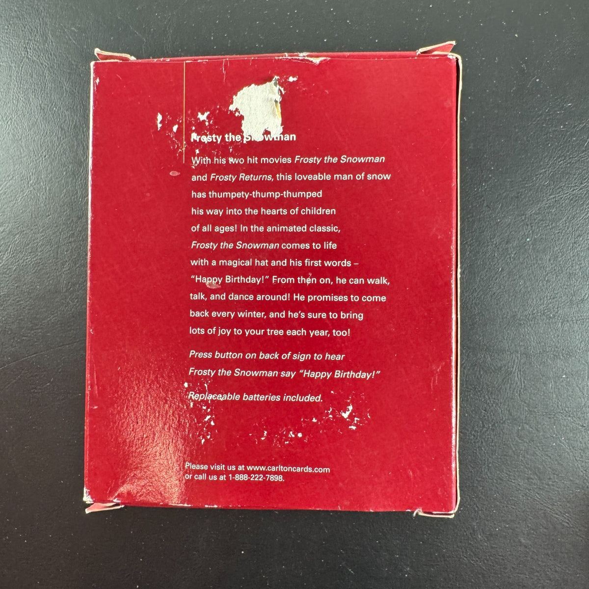 2004 Carlton Cards Heirloom Frosty the Snowman sound ornament flying under a snowflake sign in original worn box.