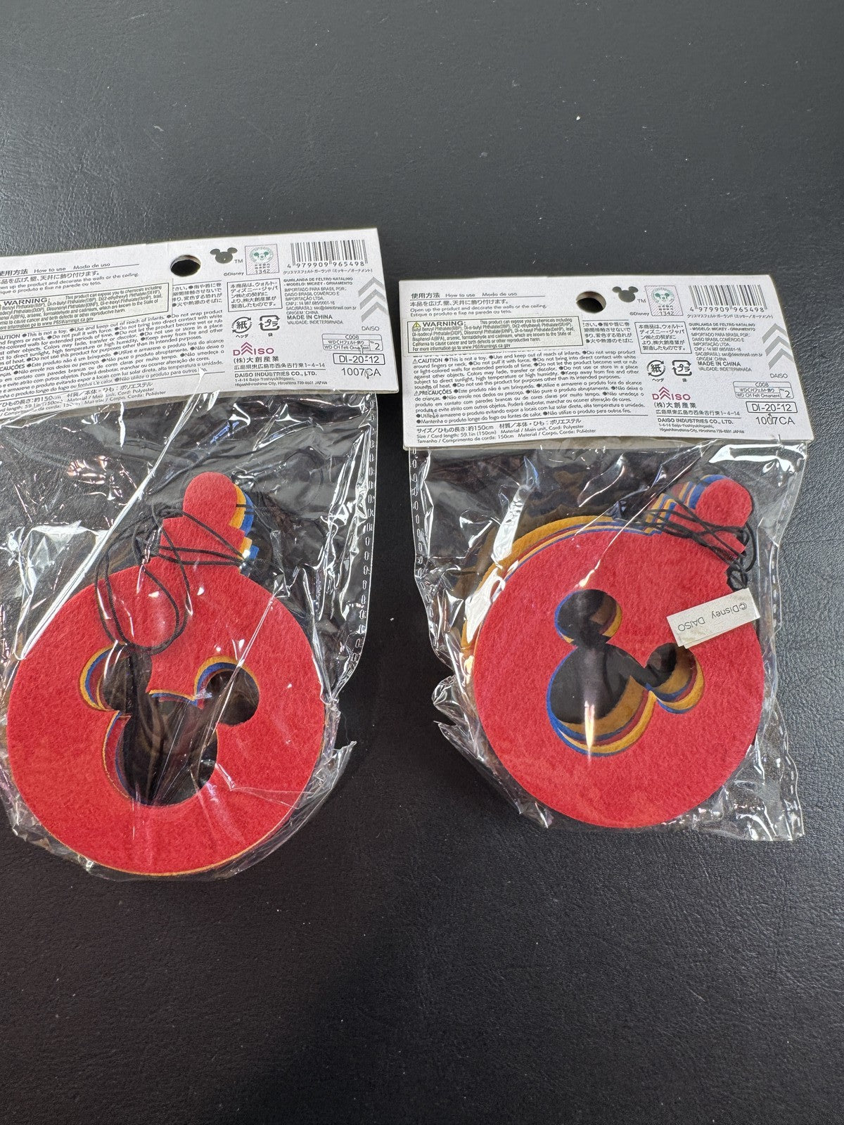 Disney Daiso Mickey Mouse felt red Christmas garland set of 2 hanging holiday ornament cutouts