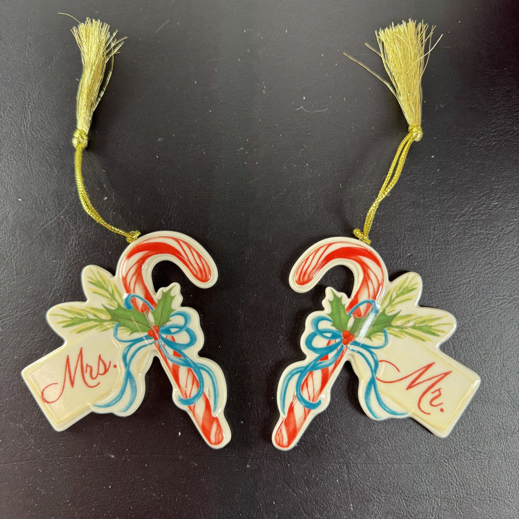Lenox ivory porcelain Mr. and Mrs. candy cane Christmas tree ornaments set of 2 with gold tassels and original box
