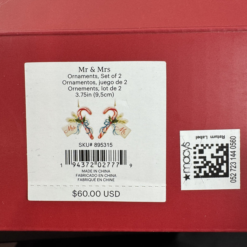 Lenox ivory porcelain Mr. and Mrs. candy cane Christmas tree ornaments set of 2 with gold tassels and original box