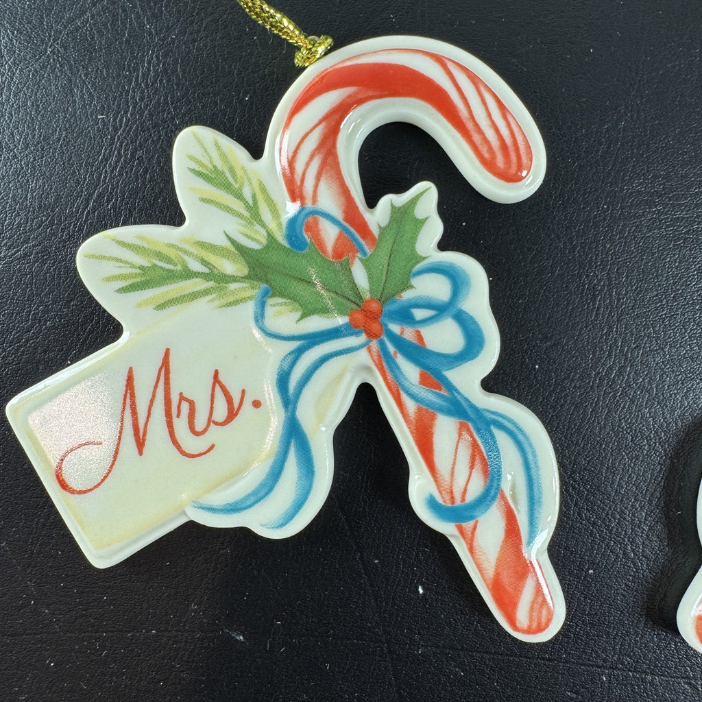 Lenox ivory porcelain Mr. and Mrs. candy cane Christmas tree ornaments set of 2 with gold tassels and original box