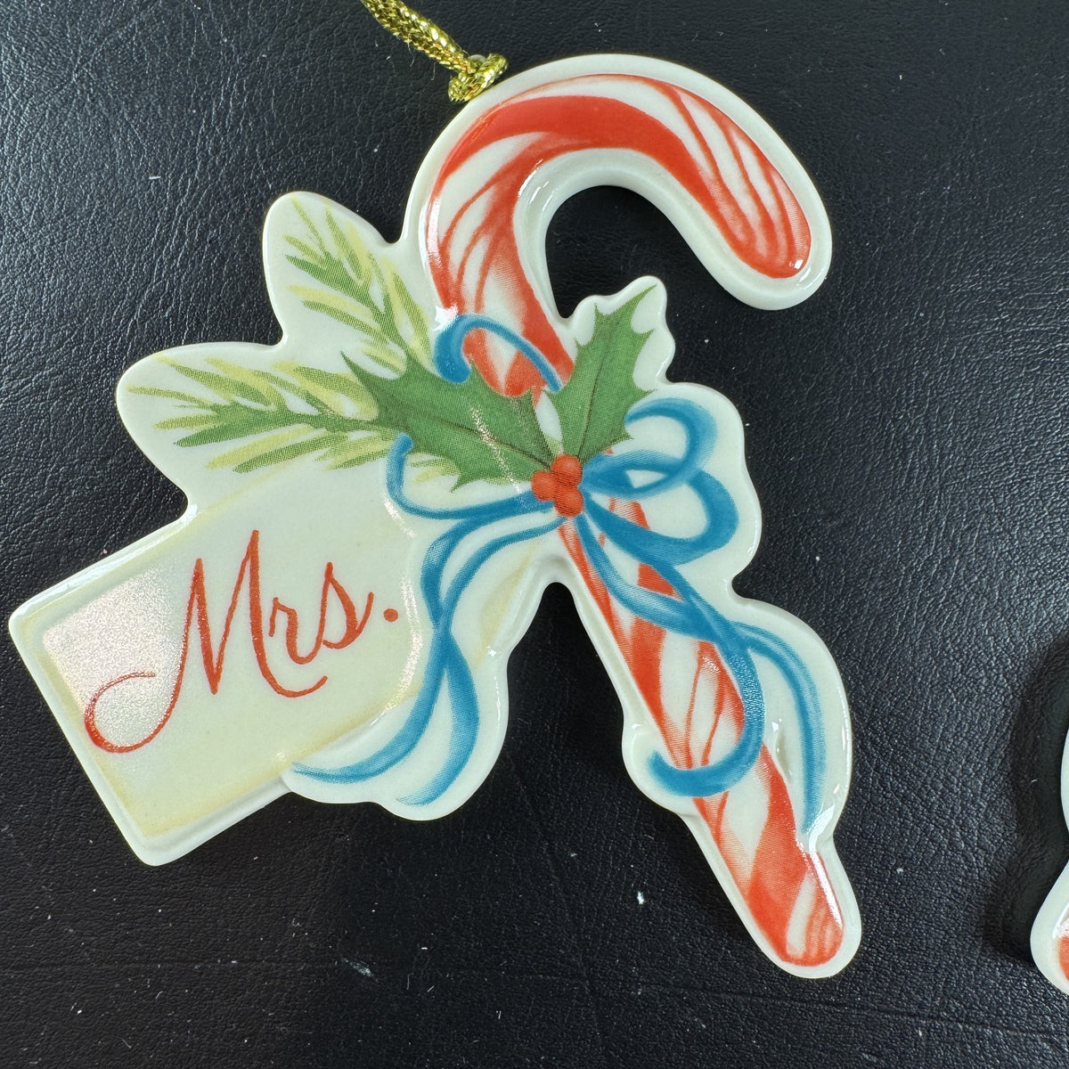 Lenox ivory porcelain Mr. and Mrs. candy cane Christmas tree ornaments set of 2 with gold tassels and original box