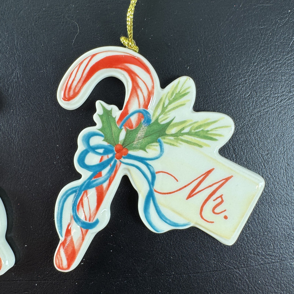 Lenox ivory porcelain Mr. and Mrs. candy cane Christmas tree ornaments set of 2 with gold tassels and original box