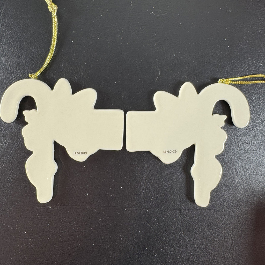 Lenox ivory porcelain Mr. and Mrs. candy cane Christmas tree ornaments set of 2 with gold tassels and original box