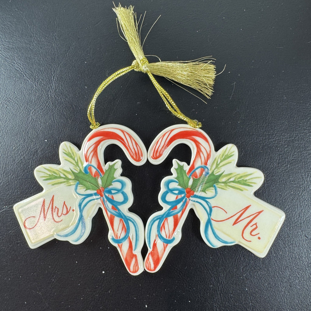 Lenox ivory porcelain Mr. and Mrs. candy cane Christmas tree ornaments set of 2 with gold tassels and original box