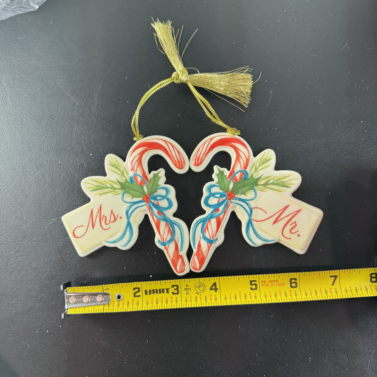Lenox ivory porcelain Mr. and Mrs. candy cane Christmas tree ornaments set of 2 with gold tassels and original box