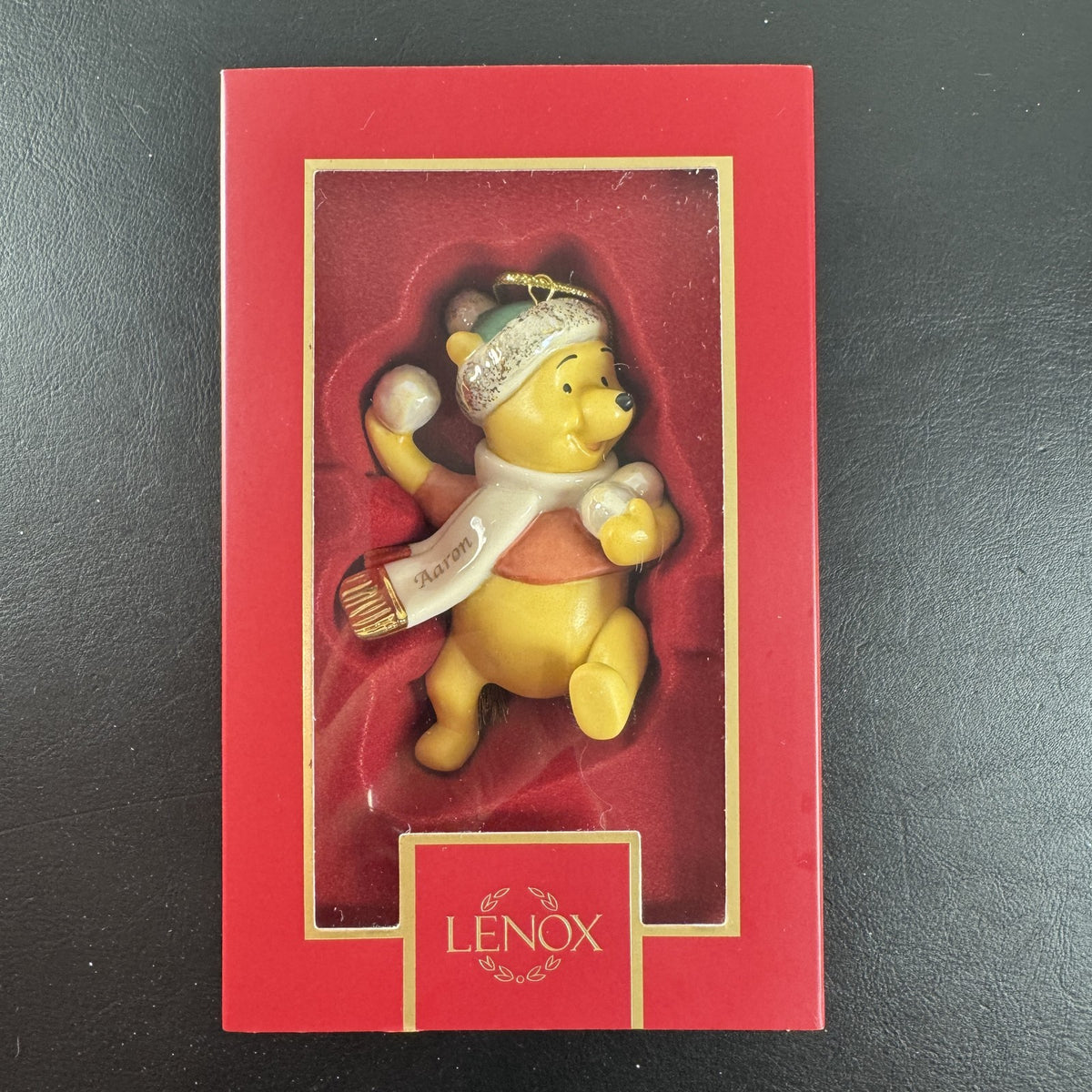 Lenox Disney Showcase Winnie the Pooh Winter Fun porcelain ornament personalized with Aaron in original box