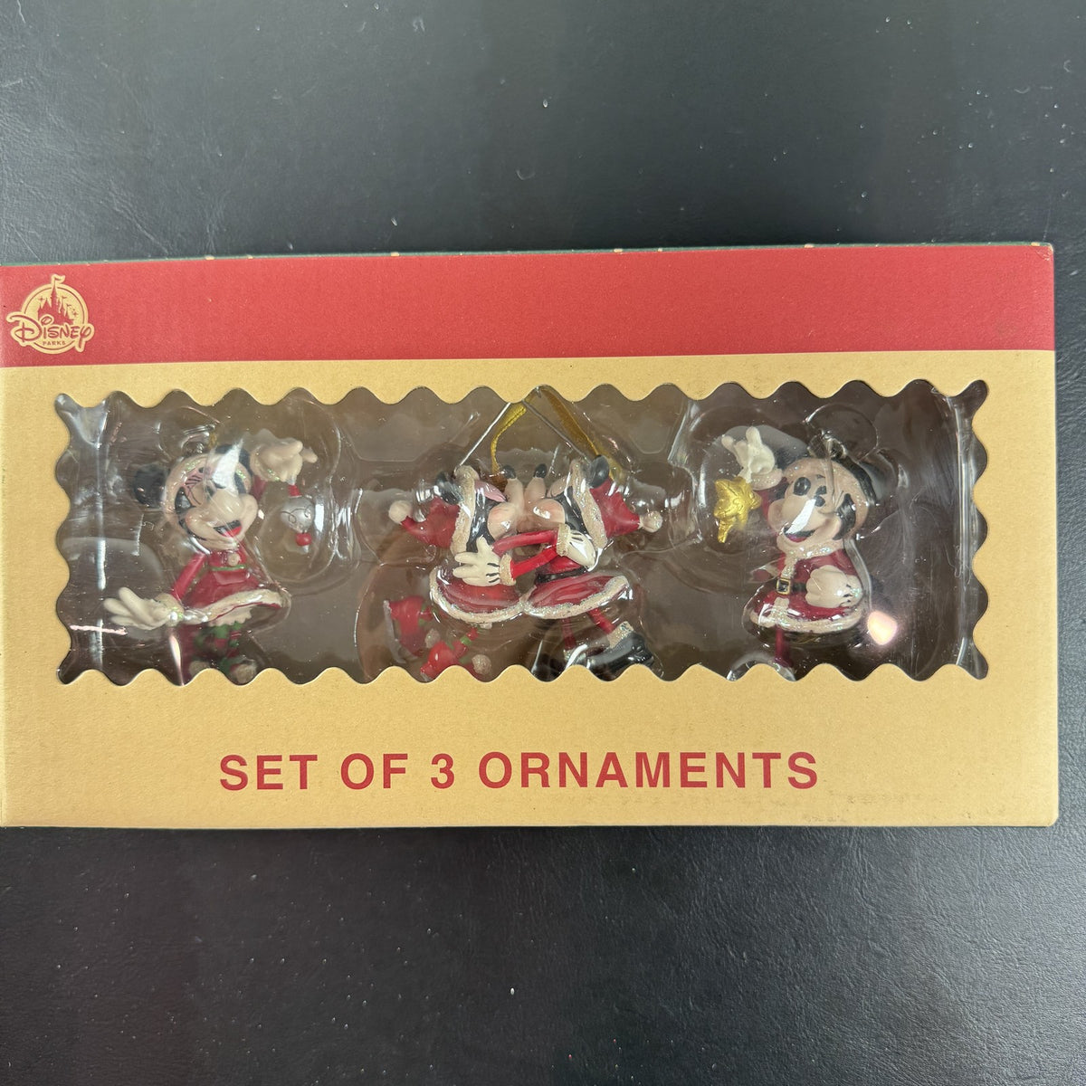 Disney Parks set of 3 Mickey and Minnie Mouse vintage style Santa resin Christmas ornaments in original box