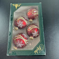 Christmas by Krebs red velvet glass ball ornaments with gold scroll and white snowflake details set of 4