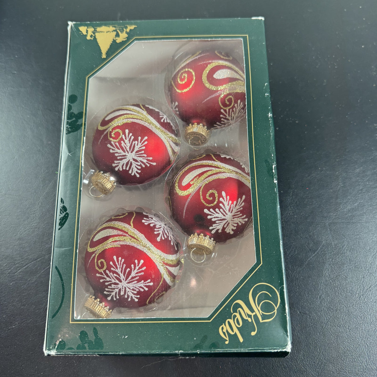 Christmas by Krebs red velvet glass ball ornaments with gold scroll and white snowflake details set of 4