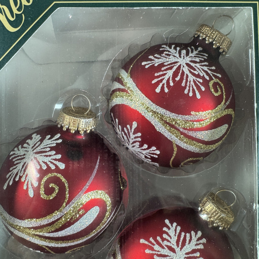 Christmas by Krebs red velvet glass ball ornaments with gold scroll and white snowflake details set of 4