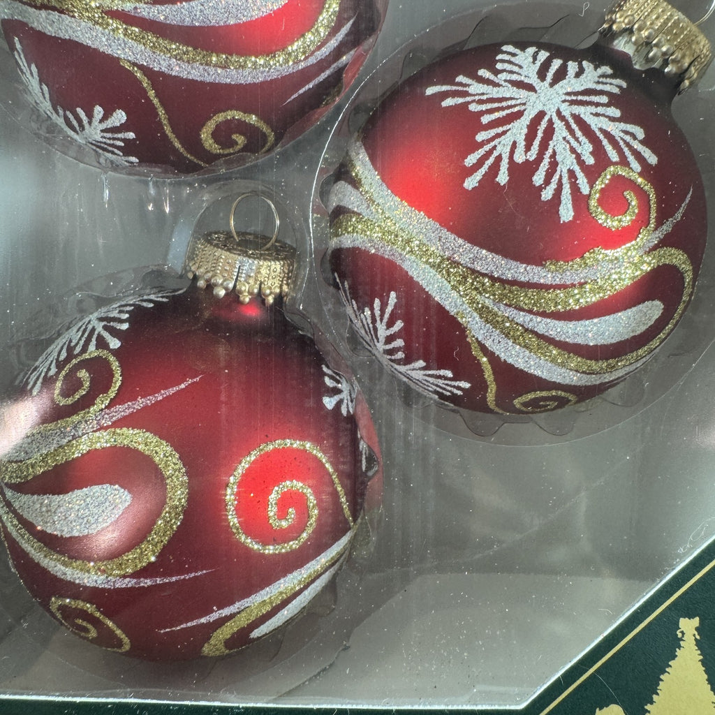 Christmas by Krebs red velvet glass ball ornaments with gold scroll and white snowflake details set of 4