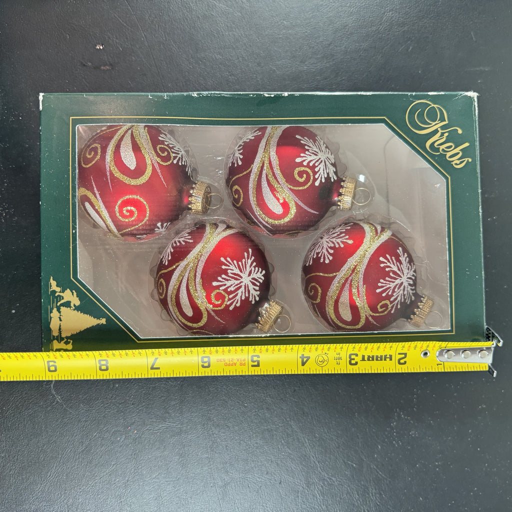 Christmas by Krebs red velvet glass ball ornaments with gold scroll and white snowflake details set of 4
