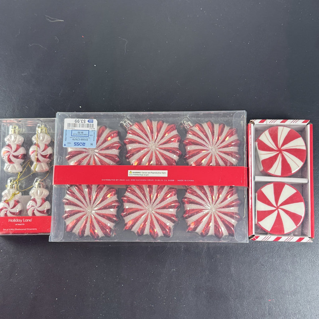 Holiday Lane Peppermint Place red and white swirl Christmas ornaments and salt and pepper shaker set in packaging