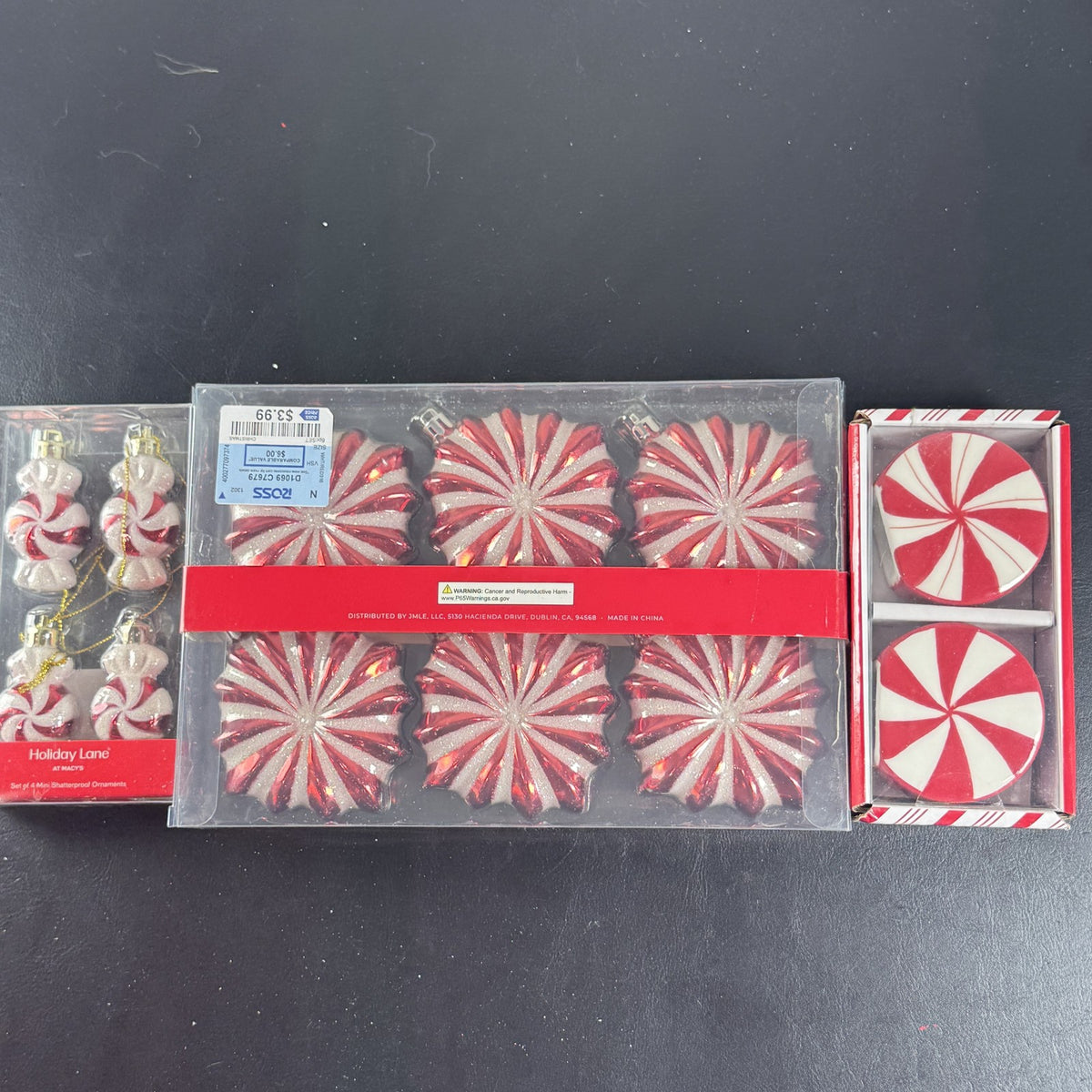 Holiday Lane Peppermint Place red and white swirl Christmas ornaments and salt and pepper shaker set in packaging