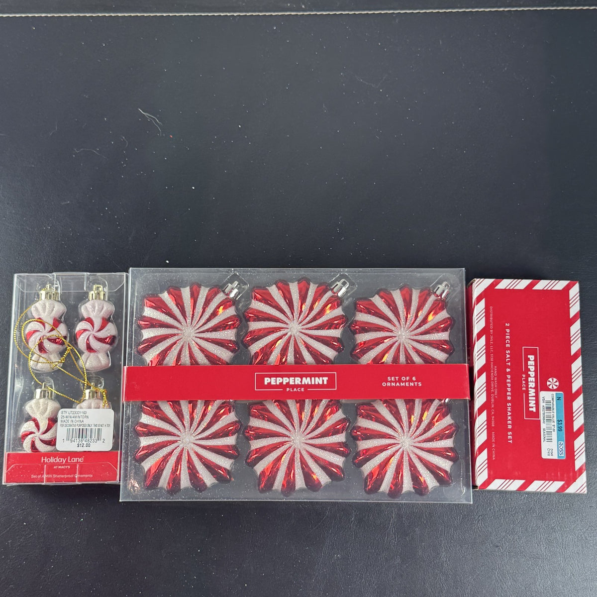 Holiday Lane Peppermint Place red and white swirl Christmas ornaments and salt and pepper shaker set in packaging