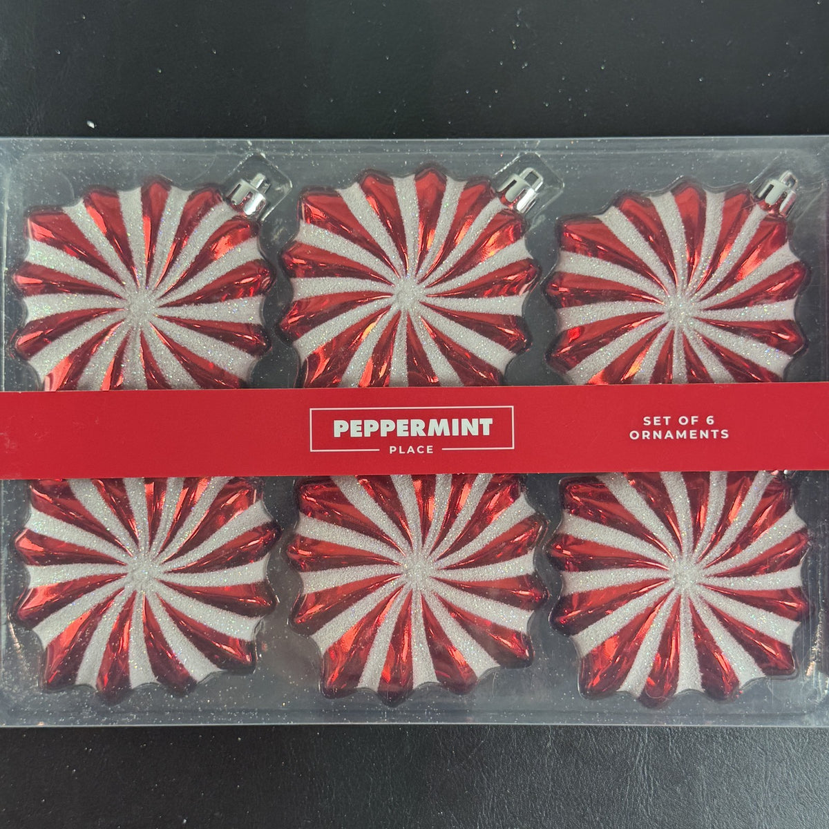 Holiday Lane Peppermint Place red and white swirl Christmas ornaments and salt and pepper shaker set in packaging