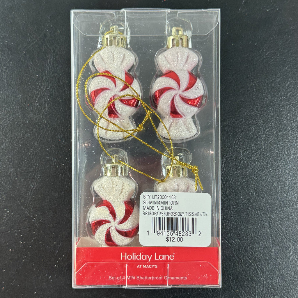 Holiday Lane Peppermint Place red and white swirl Christmas ornaments and salt and pepper shaker set in packaging