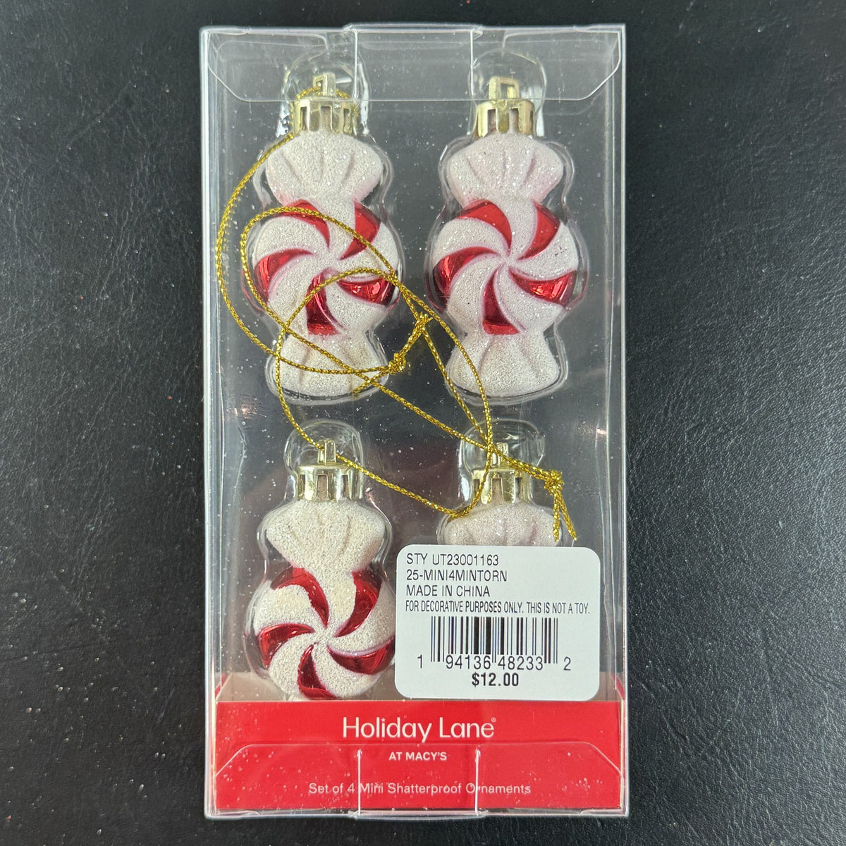 Holiday Lane Peppermint Place red and white swirl Christmas ornaments and salt and pepper shaker set in packaging