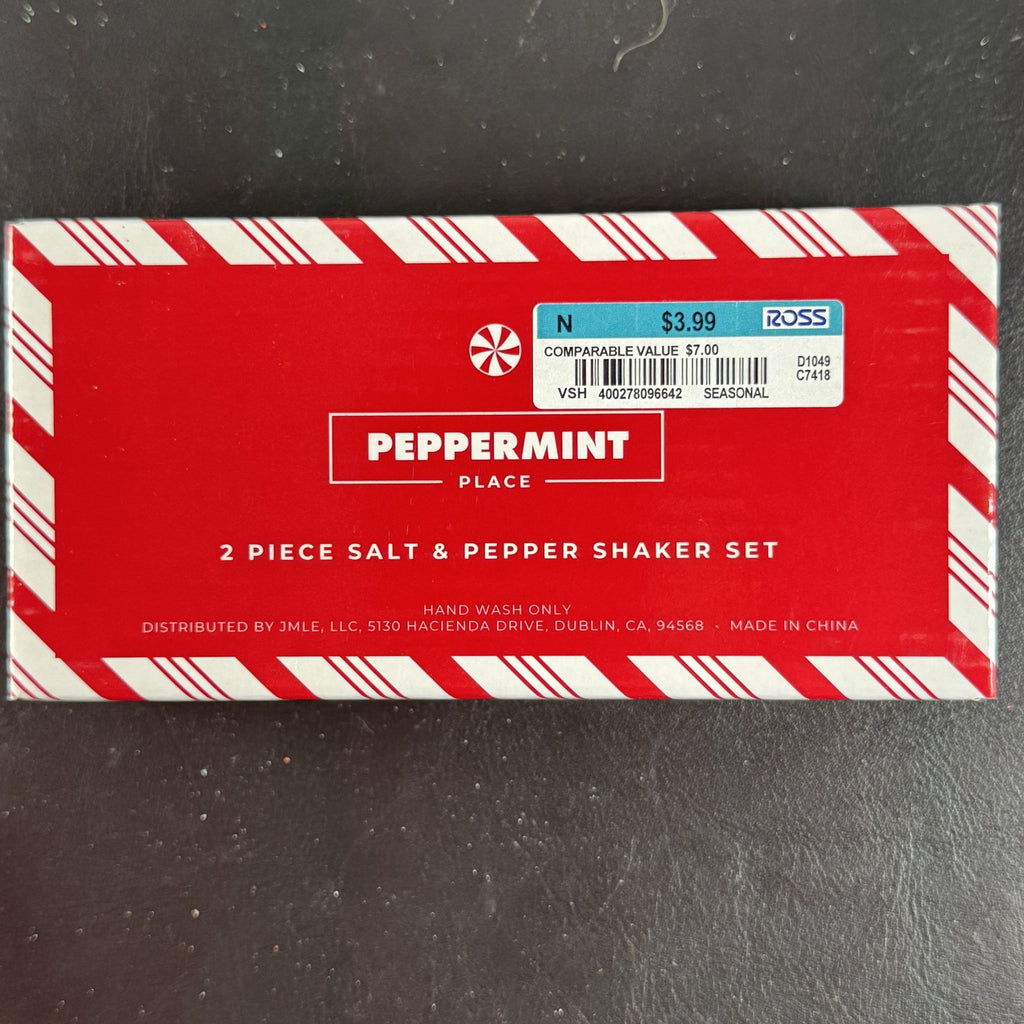 Holiday Lane Peppermint Place red and white swirl Christmas ornaments and salt and pepper shaker set in packaging