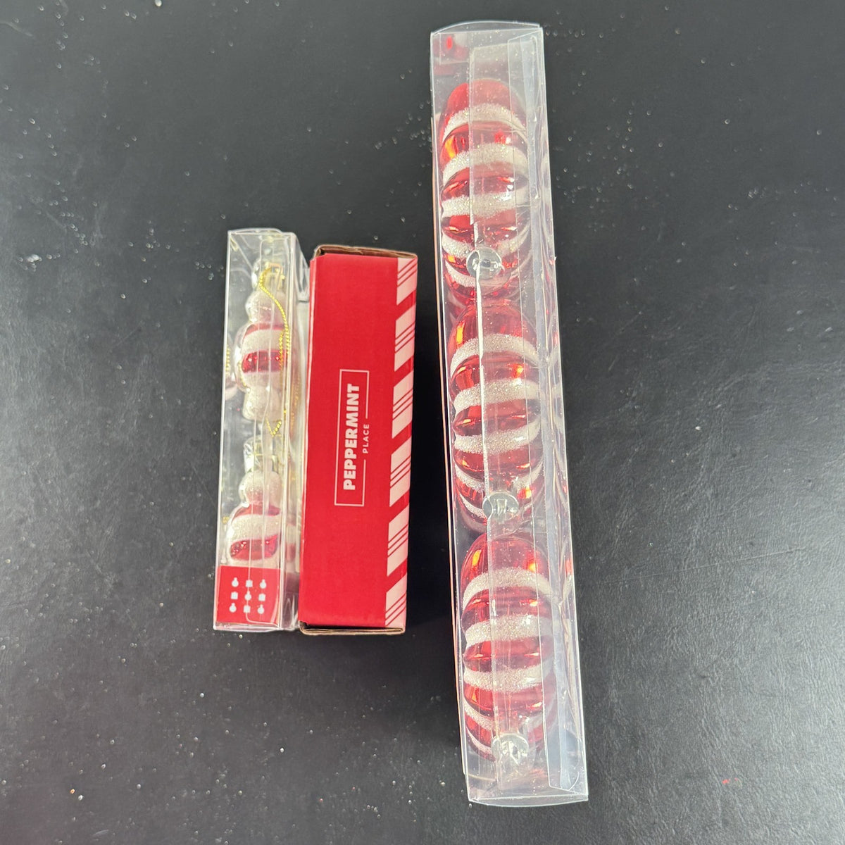 Holiday Lane Peppermint Place red and white swirl Christmas ornaments and salt and pepper shaker set in packaging
