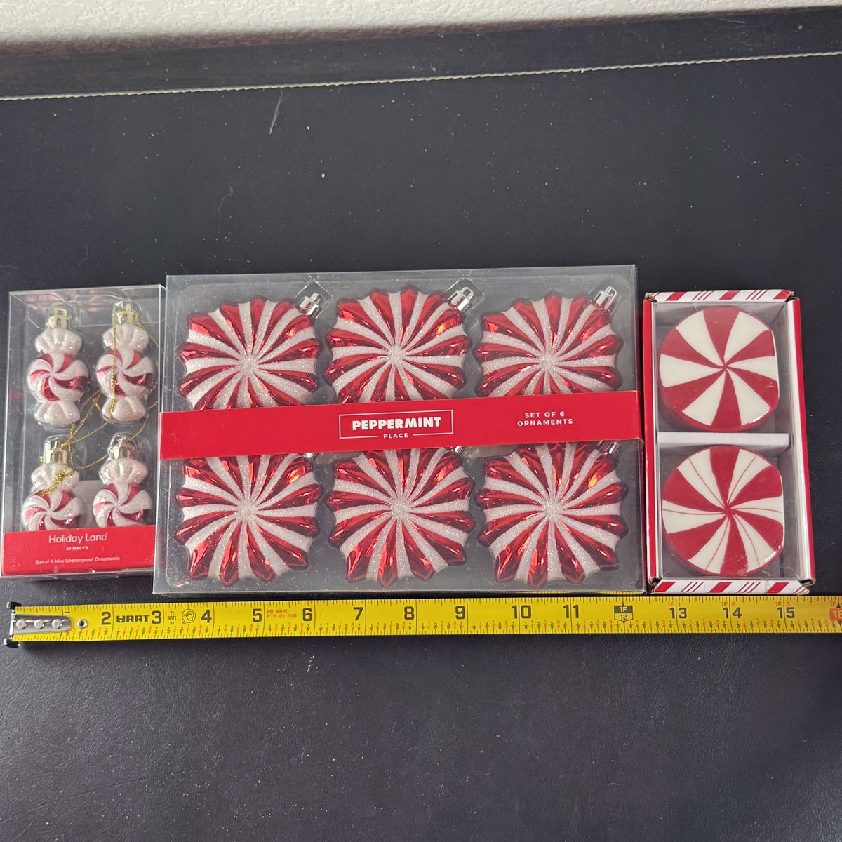 Holiday Lane Peppermint Place red and white swirl Christmas ornaments and salt and pepper shaker set in packaging