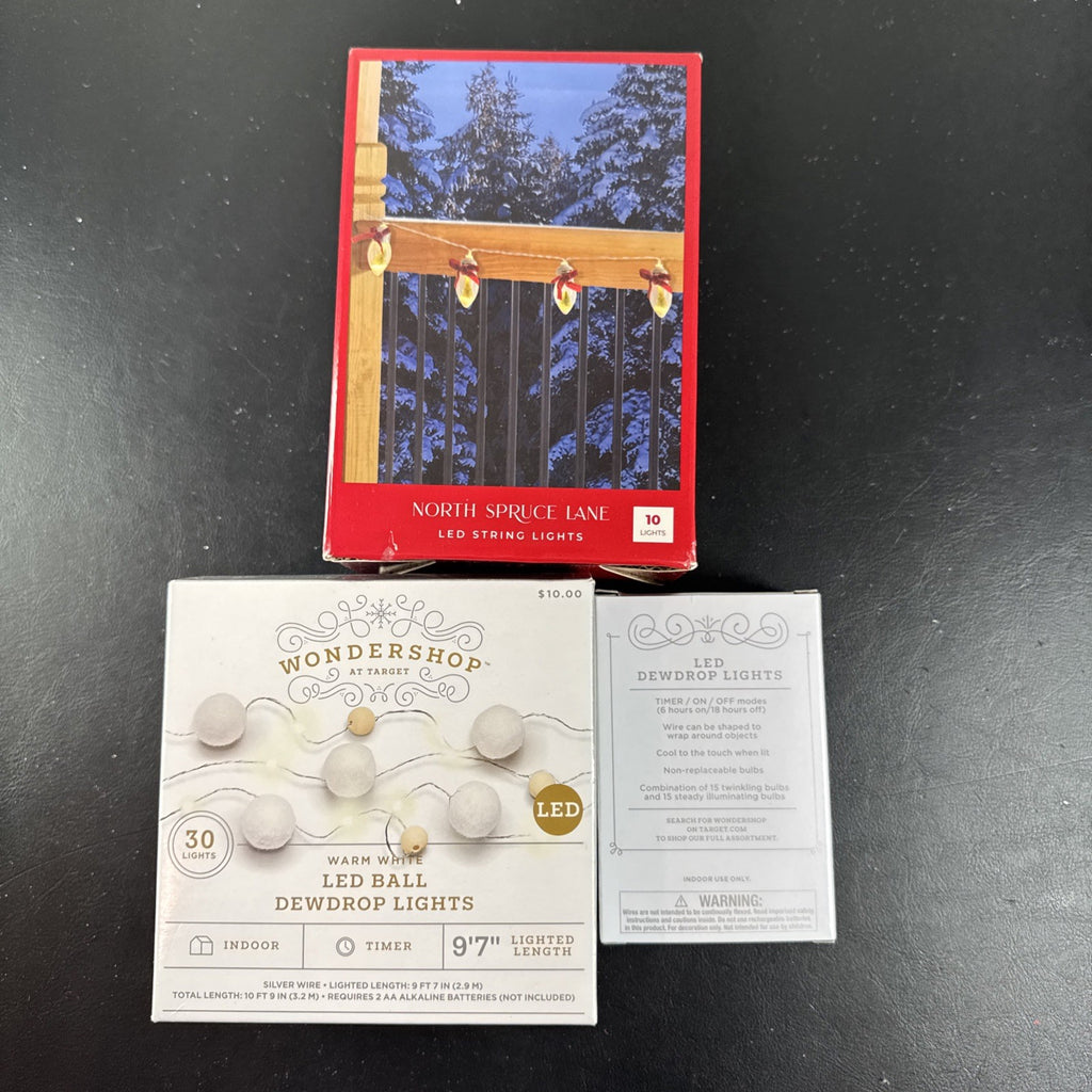 Lot of 3 brand new Target Wondershop and North Spruce Lane holiday LED string lights in packaging.