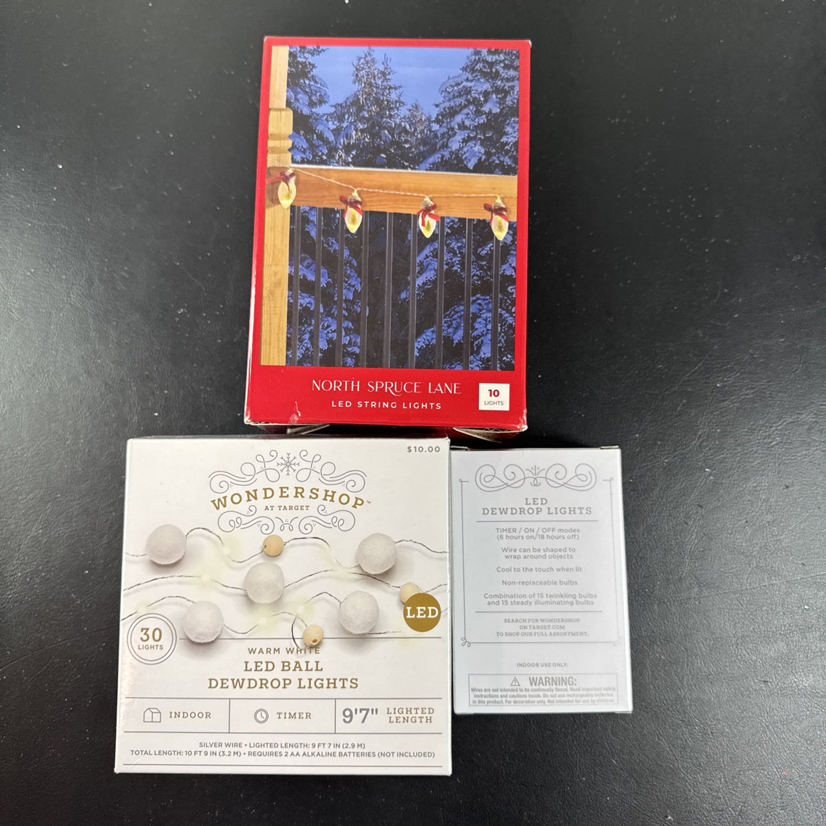 Lot of 3 brand new Target Wondershop and North Spruce Lane holiday LED string lights in packaging.