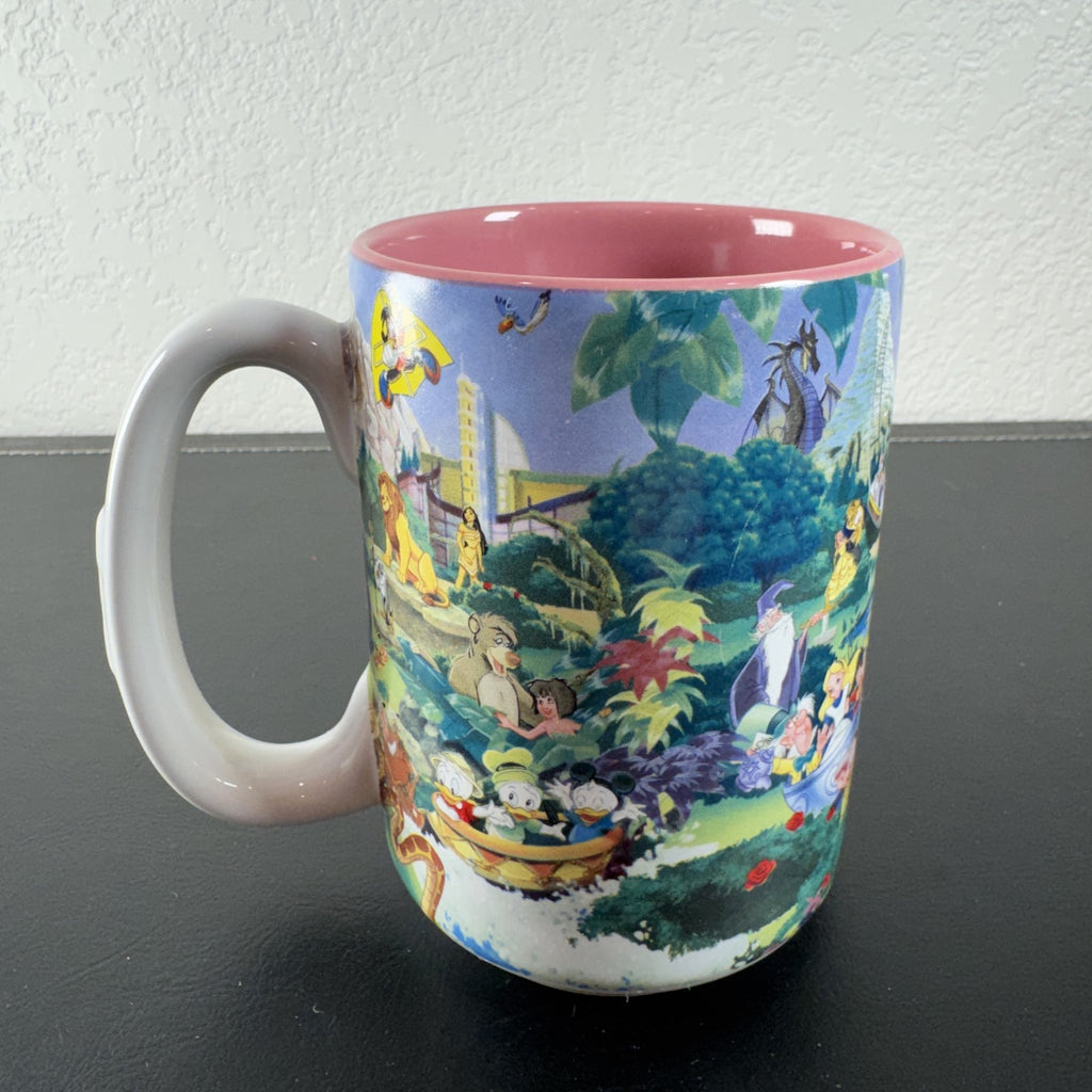 Disneyland park map ceramic coffee mug featuring Mickey Mouse and a pink interior glaze.