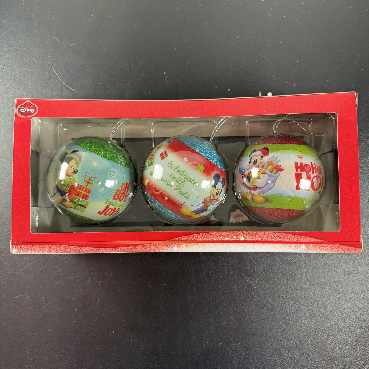 Hallmark Disney Mickey and Minnie Mouse Christmas ball ornaments set of 3 in original unopened 2015 packaging.