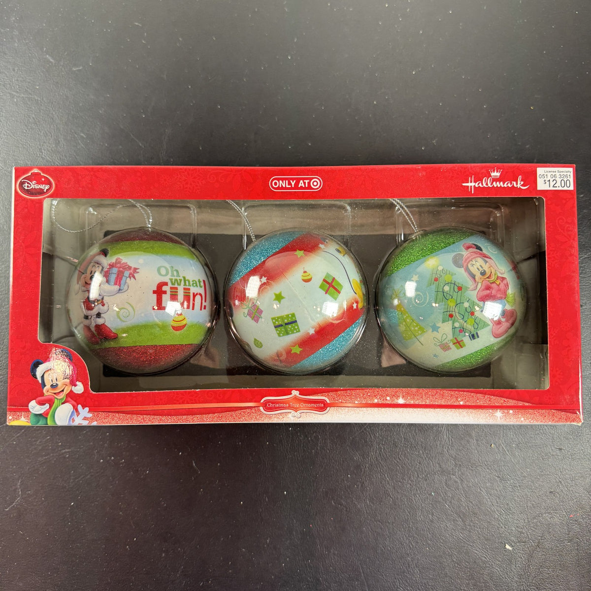 Hallmark Disney Mickey and Minnie Mouse Christmas ball ornaments set of 3 in original unopened 2015 packaging.