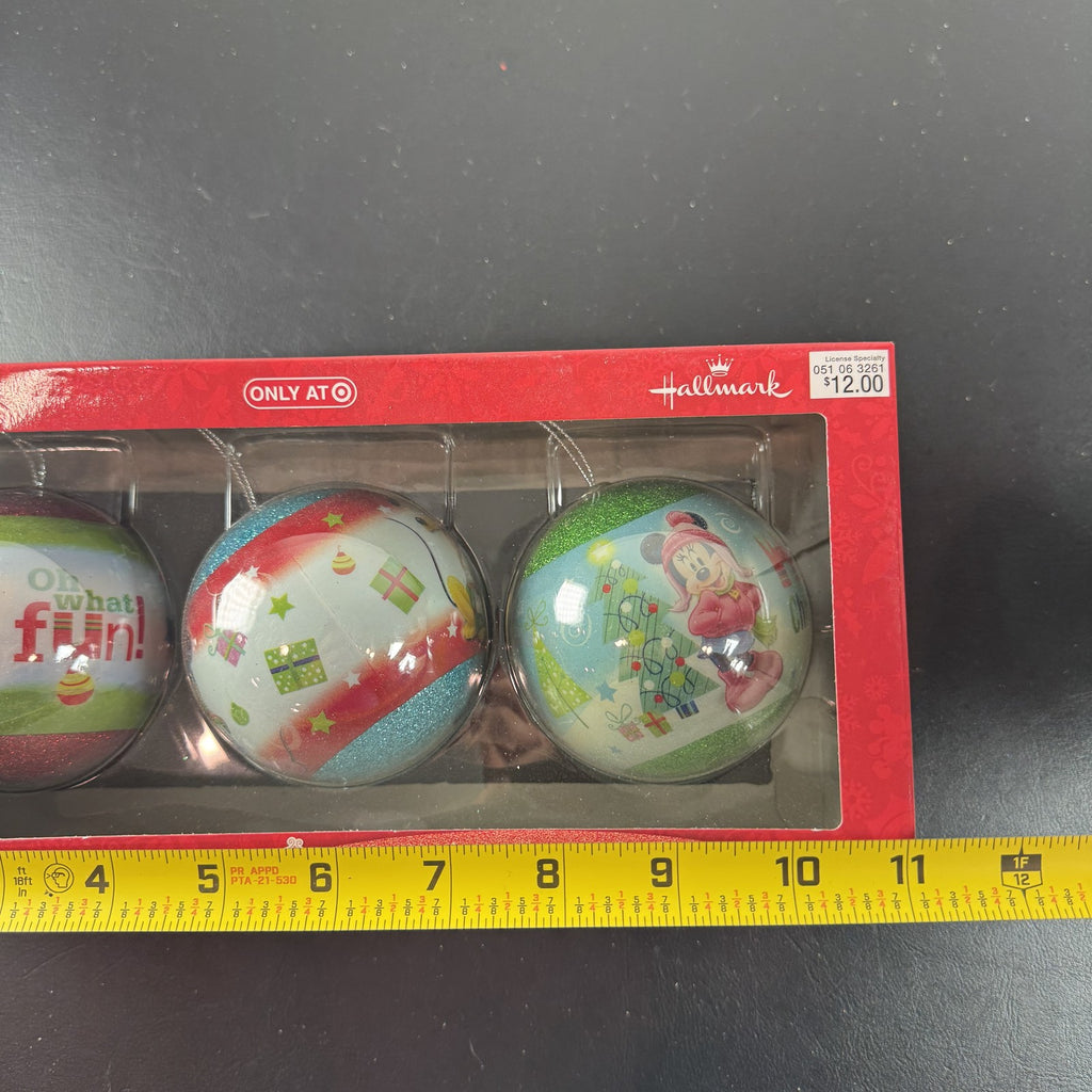 Hallmark Disney Mickey and Minnie Mouse Christmas ball ornaments set of 3 in original unopened 2015 packaging.