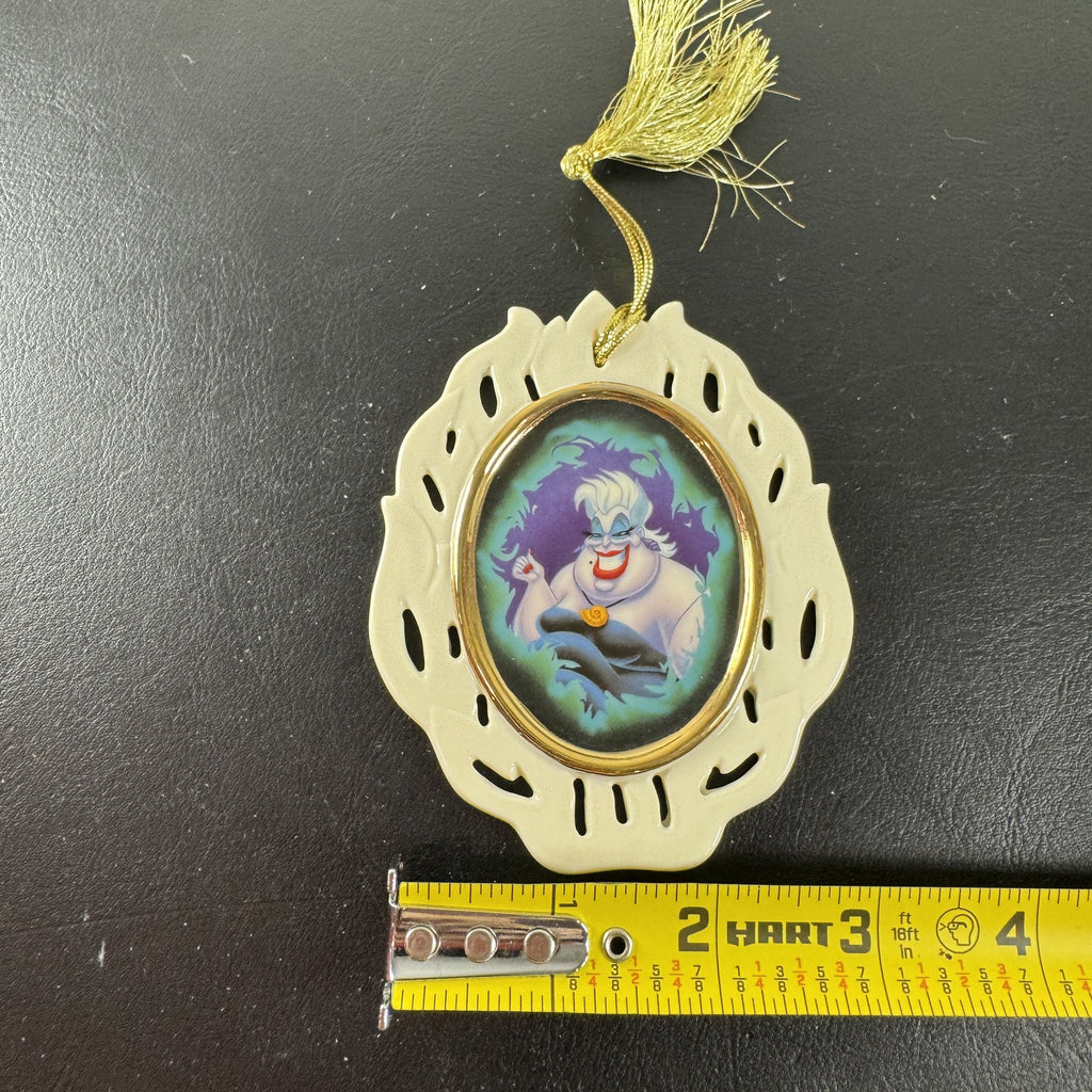 Lenox Disney Showcase Collection 4-inch Ursula hanging Christmas ornament shown in its original packaging box.