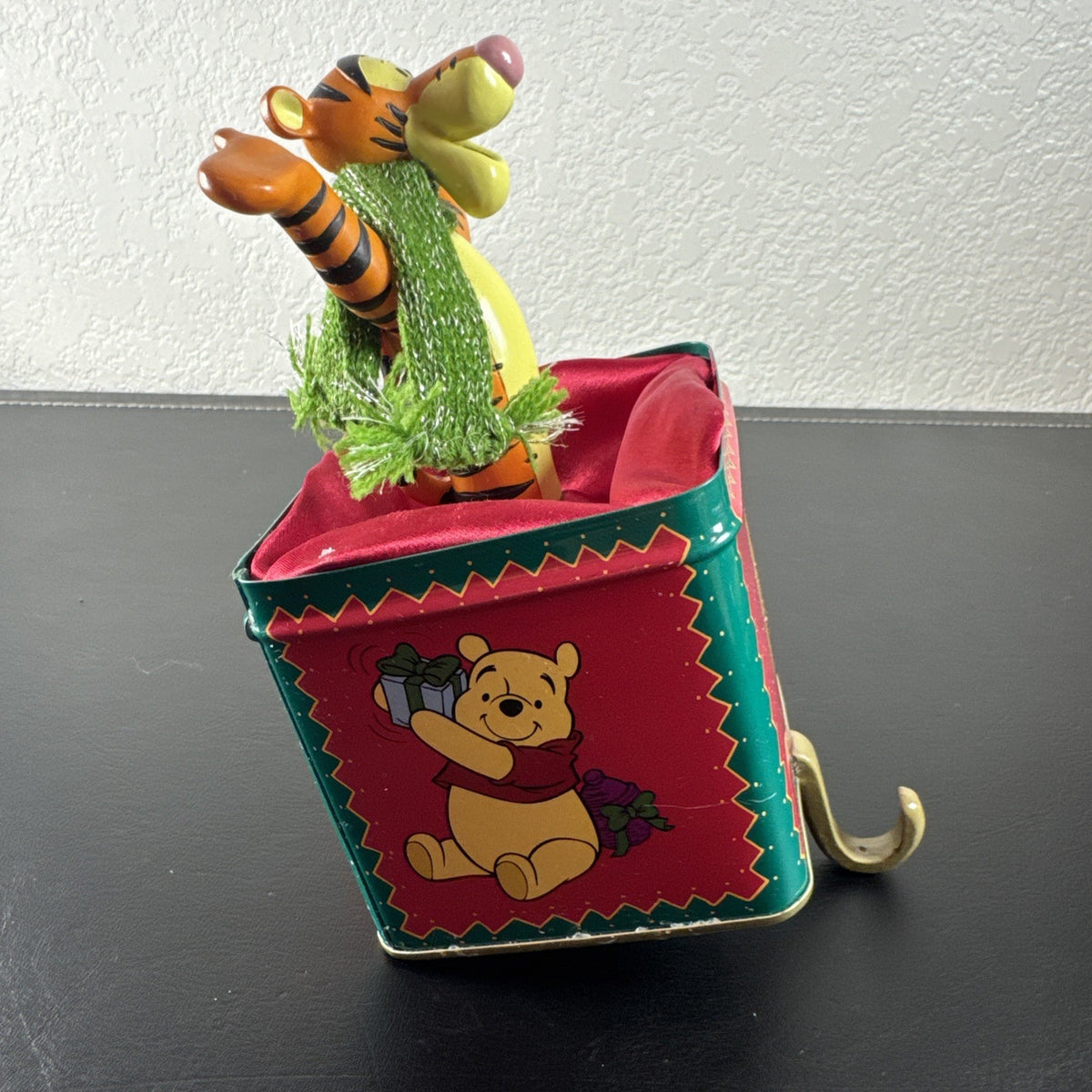 Vintage 1999 Disney Winnie the Pooh Jack-in-the-Box Christmas stocking featuring Tigger and Piglet.