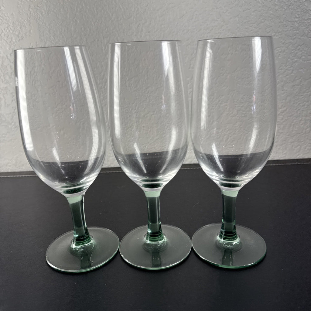 Set of 3 vintage Luminarc French wine glasses with emerald green stems and clear tulip bowls
