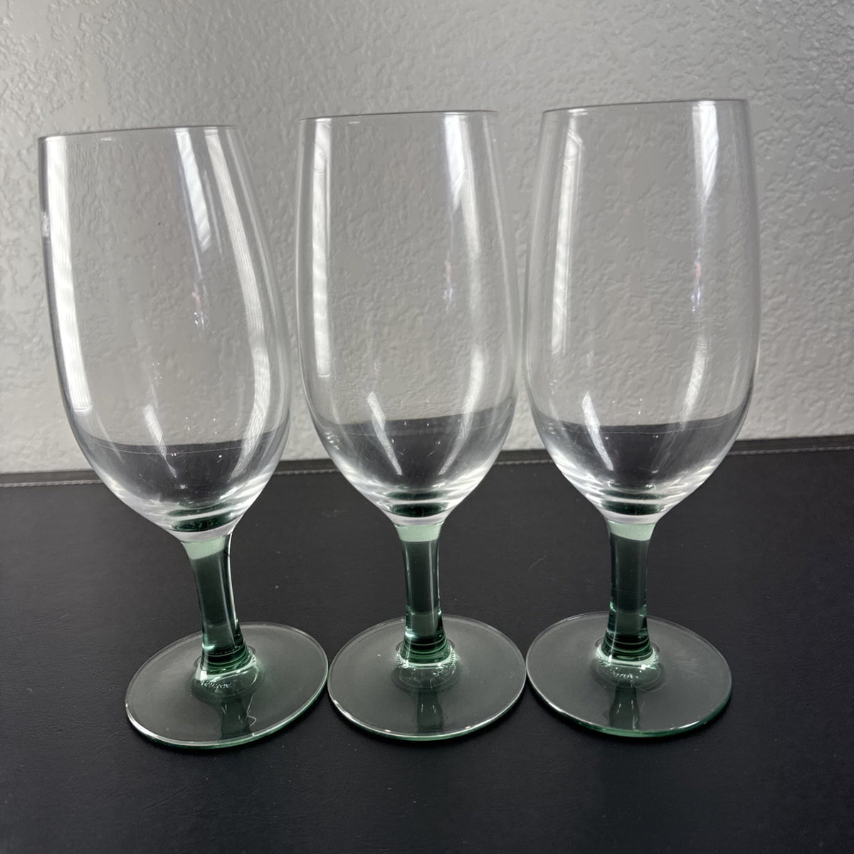 Set of 3 vintage Luminarc French wine glasses with emerald green stems and clear tulip bowls