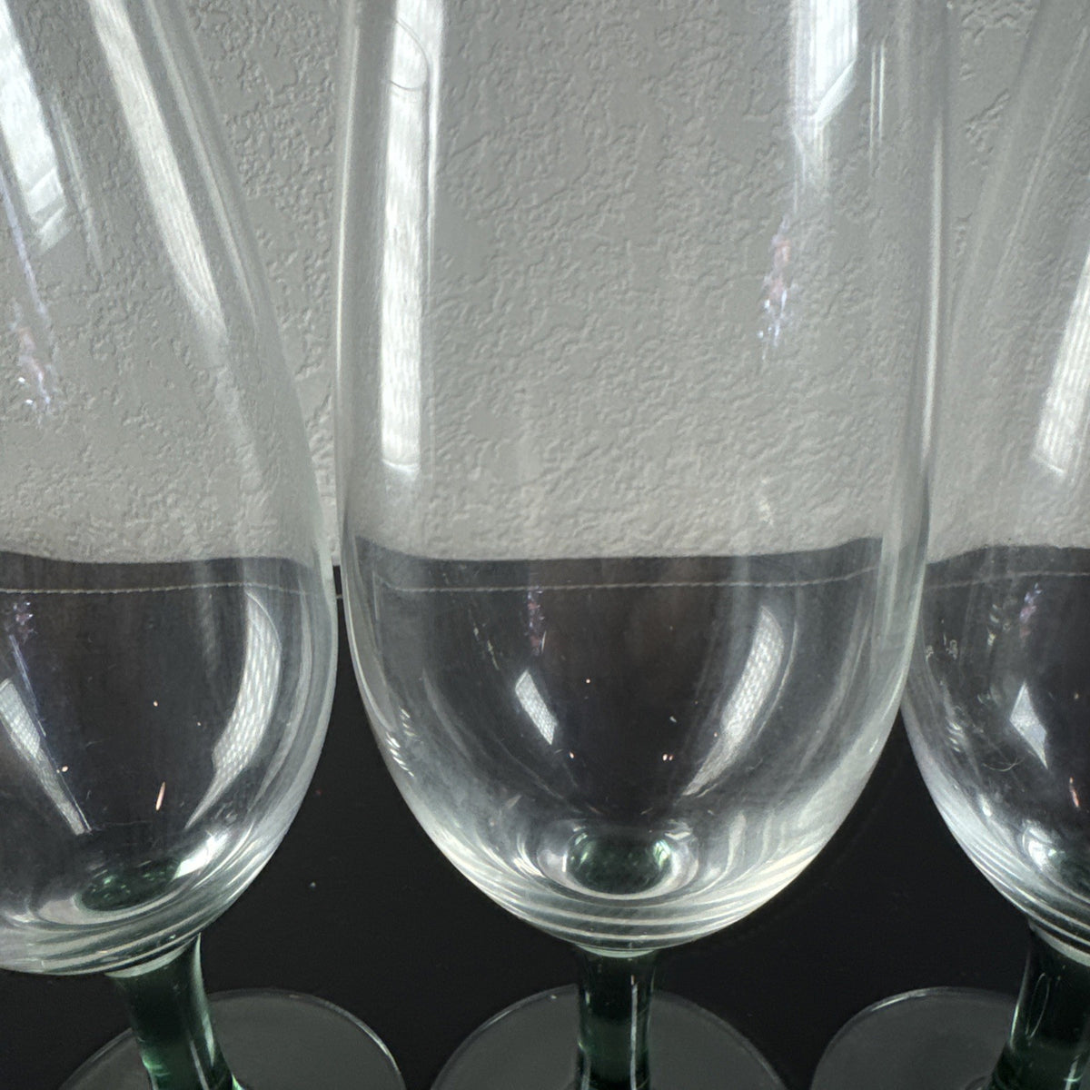 Set of 3 vintage Luminarc French wine glasses with emerald green stems and clear tulip bowls